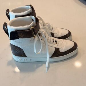 White and Brown High-Top Sneakers